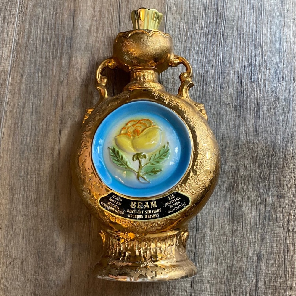 Vintage Jim Beam 24kt Gold Plated Whiskey Decanter Blue Rose Medallion